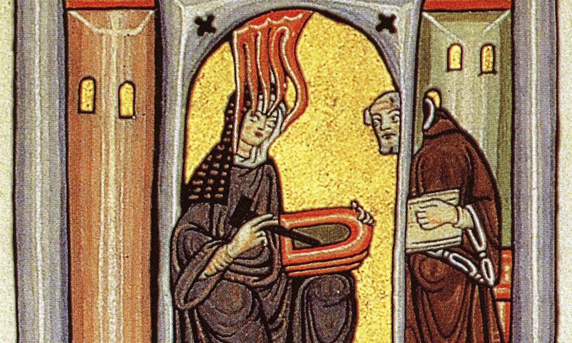 Illumination from Hildegard of Bingen's Scivias showing her receiving a vision and dictating to a teacher.