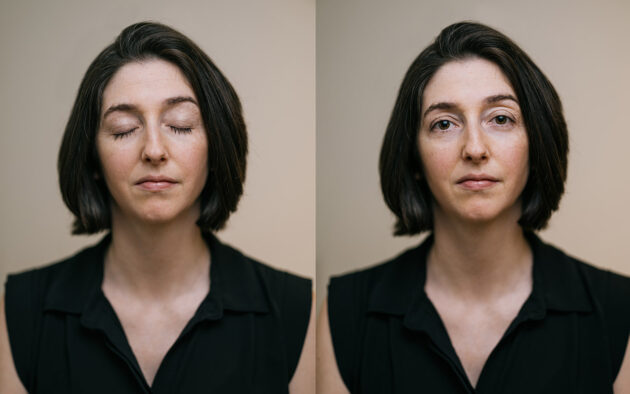 Two side-by-side portraits of Michelle Carr against a beige backdrop — eyes closed on the left, eyes open on the right.