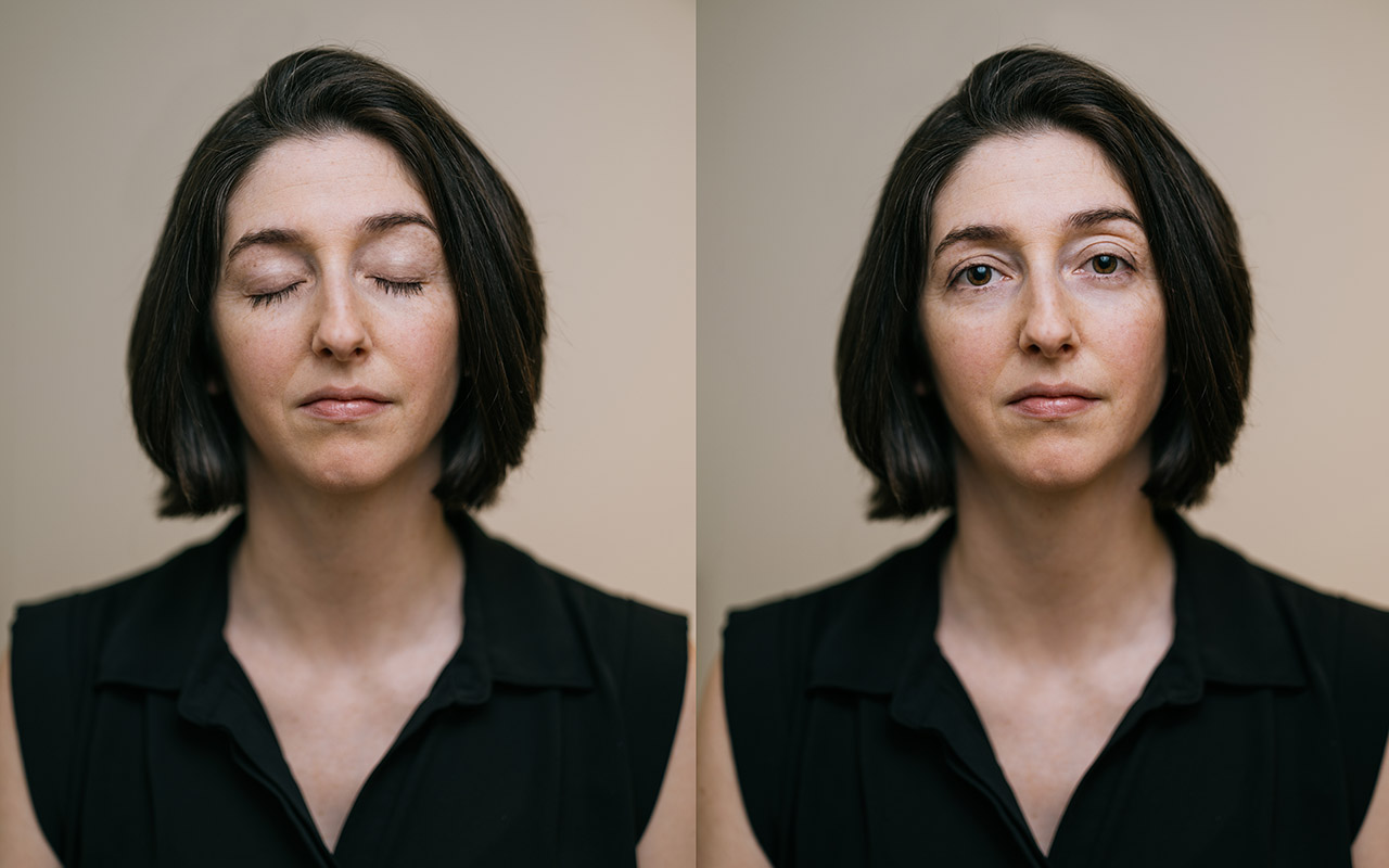 Two side-by-side portraits of Michelle Carr against a beige backdrop — eyes closed on the left, eyes open on the right.