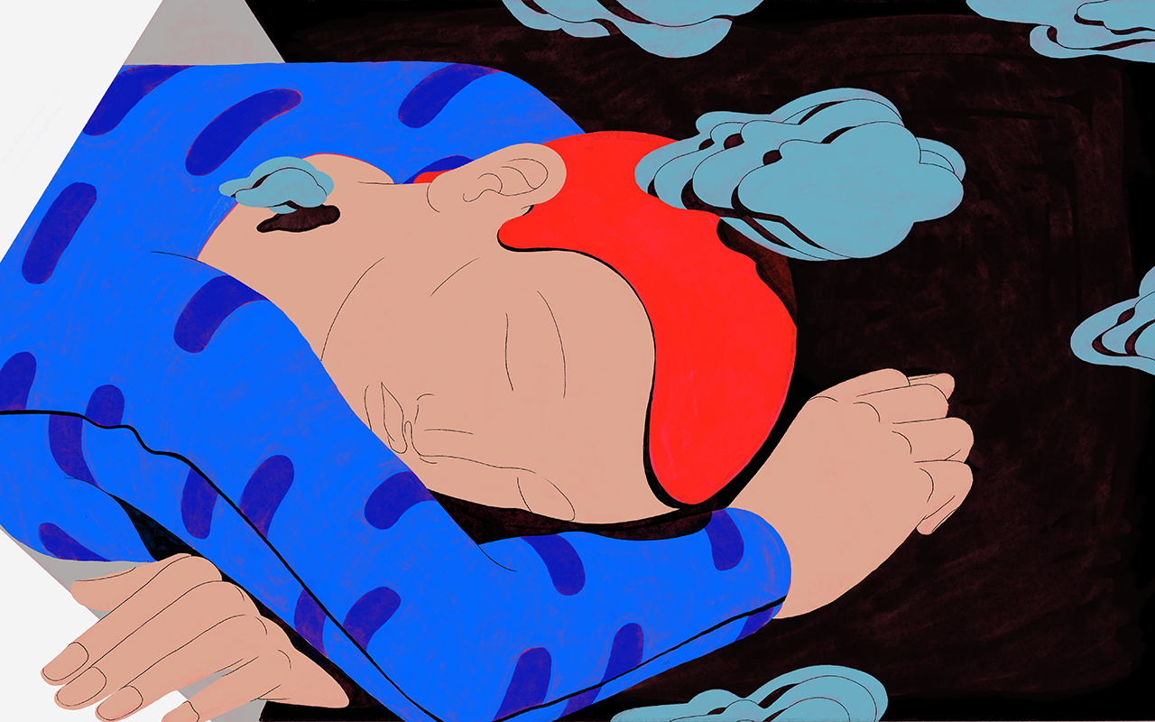 Stylized illustration of a person sleeping, surrounded by floating cloud shapes on a dark background.