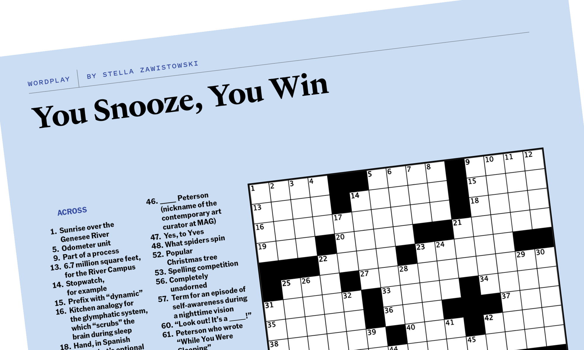 A close-up of a crossword puzzle titled “You Snooze, You Win,” showing clues and a partially blank grid on a pale blue page.