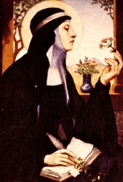 St. Hildegard of Bingen contemplates a flower while writing with a quill.