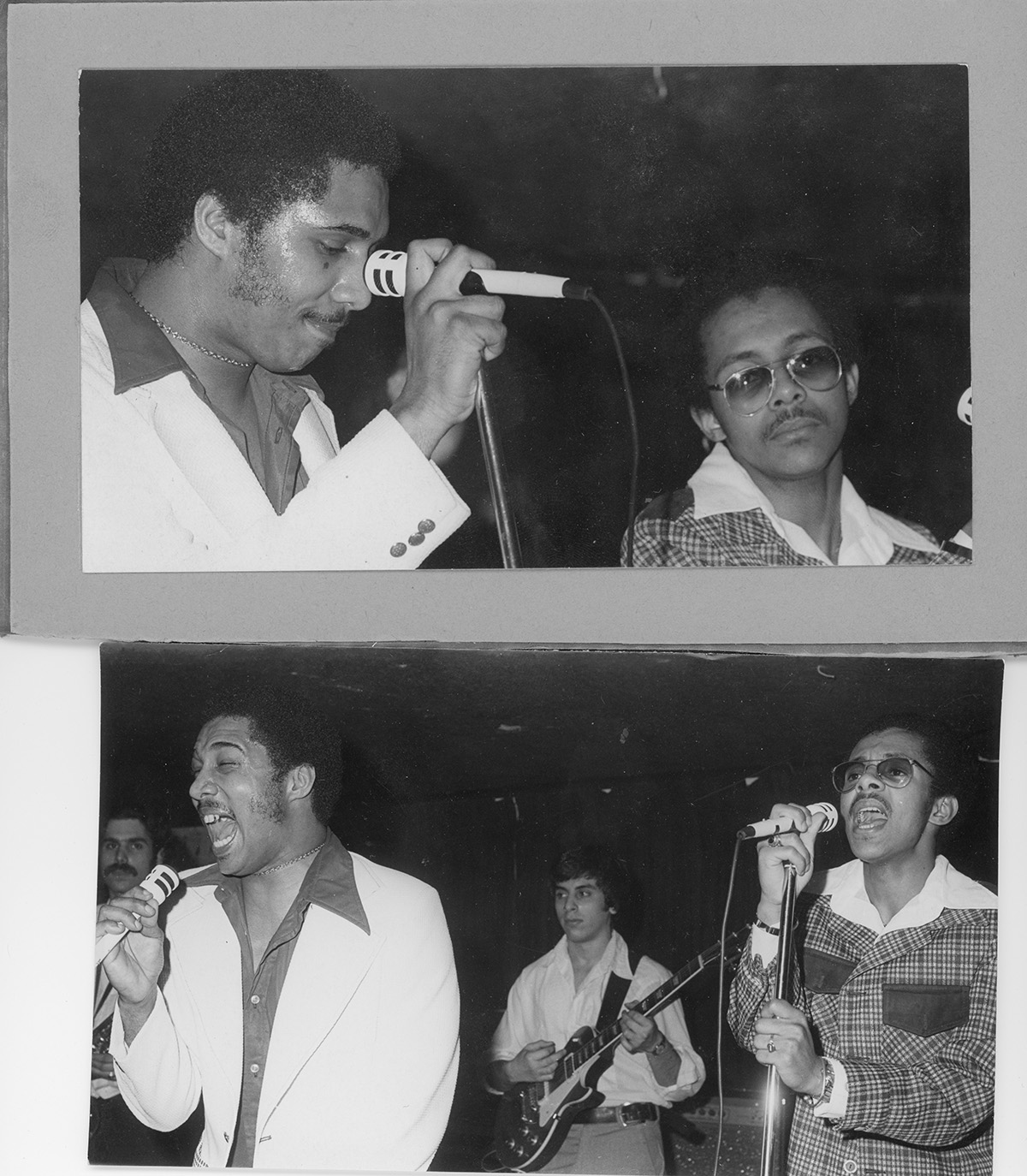 Two archival photos of Broad Street Stroke vocalists Reggie Washington and Jeff Gardere performing on stage.