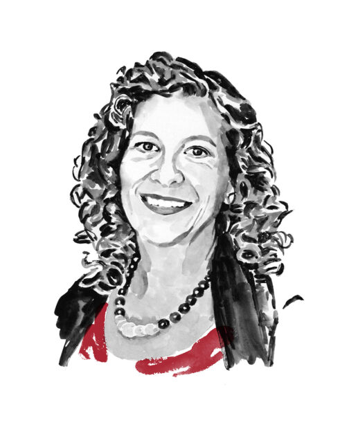 Ink and watercolor illustrated portrait of Jennie Noll, smiling, with curly hair and a beaded necklace.