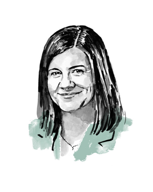 Ink and watercolor illustrated portrait of Kathi Heffner, smiling, with straight dark hair.