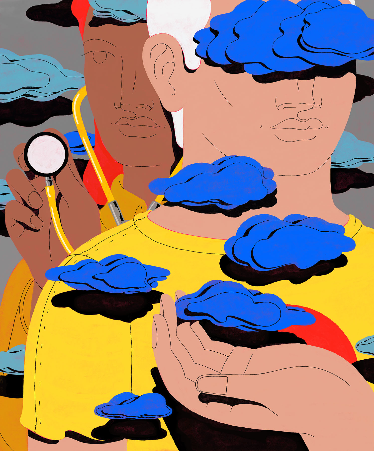 Stylized illustration of a clinician with a stethoscope beside a patient whose body and vision are obscured by blue clouds.