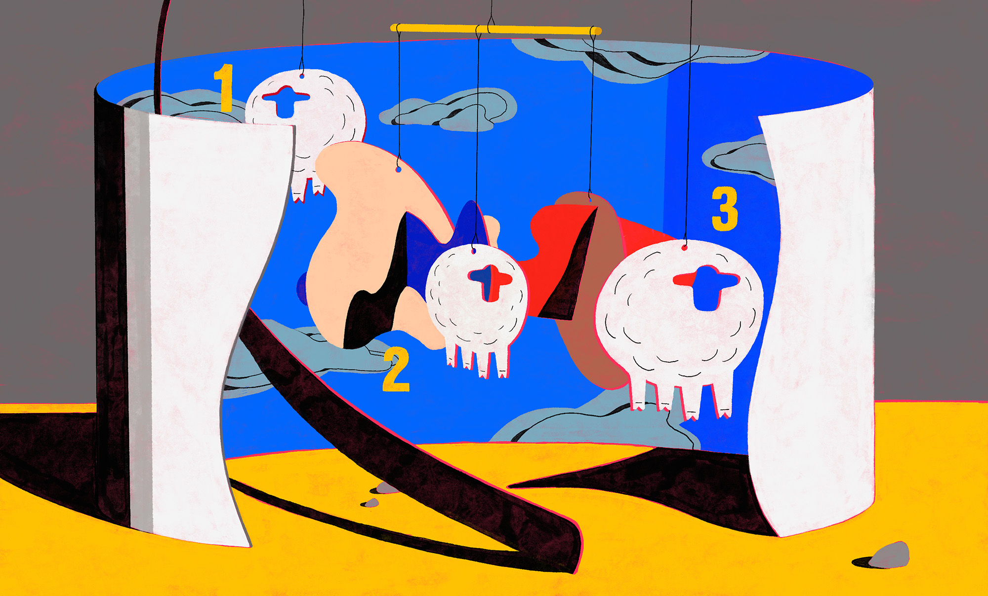Stylized illustration of three numbered sheep suspended like mobile toys above a sleeping figure in a surreal dreamscape.