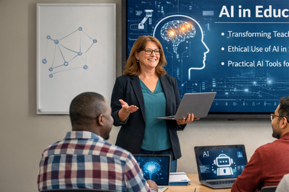 A middle-aged teacher stands at the front of a classroom holding a laptop and speaking to the class. The screen behind her reads "ai in education."
