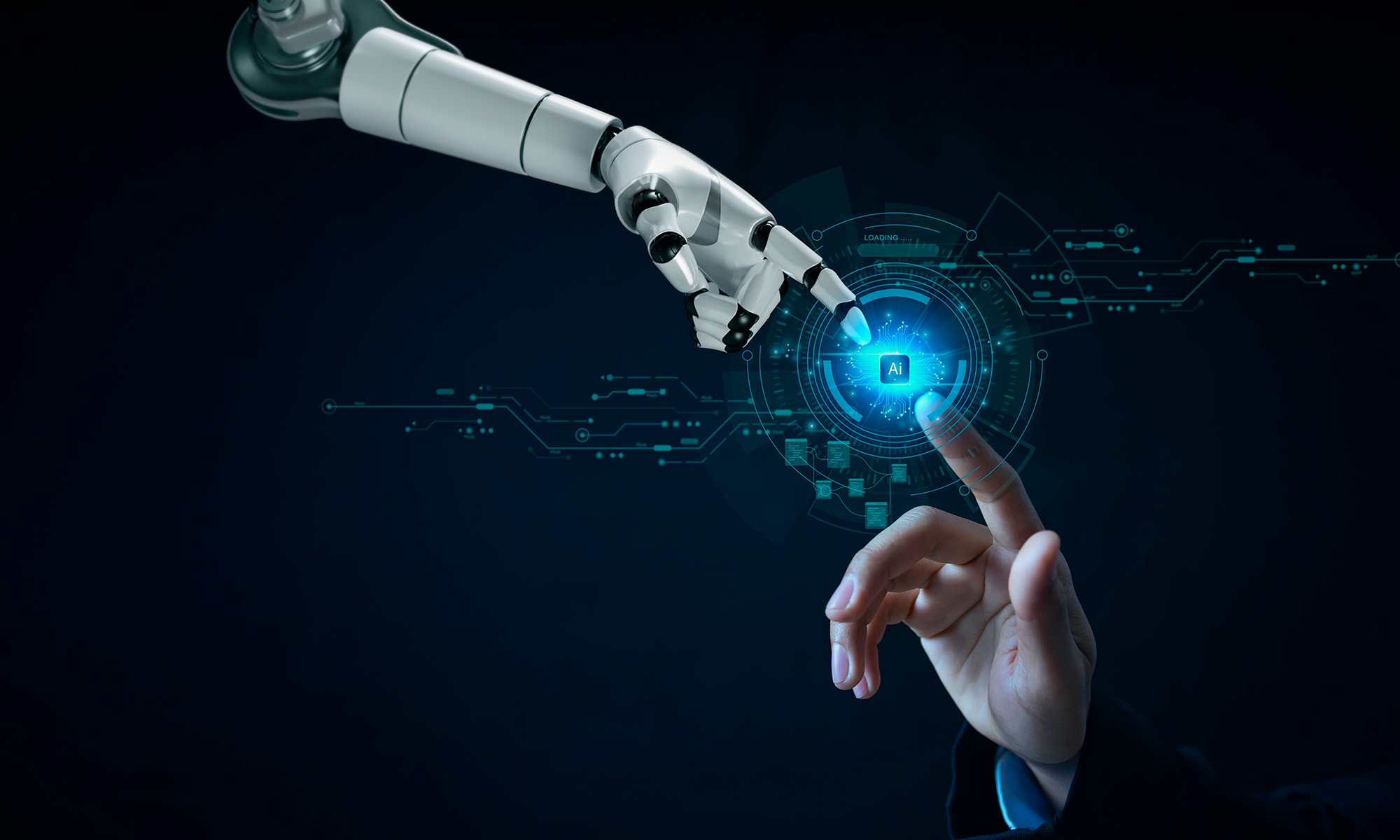 An advanced robotic arm with its finger outstretched reaches toward a human arm. The point where they almost connect shows AI and symbols representing mathematical models