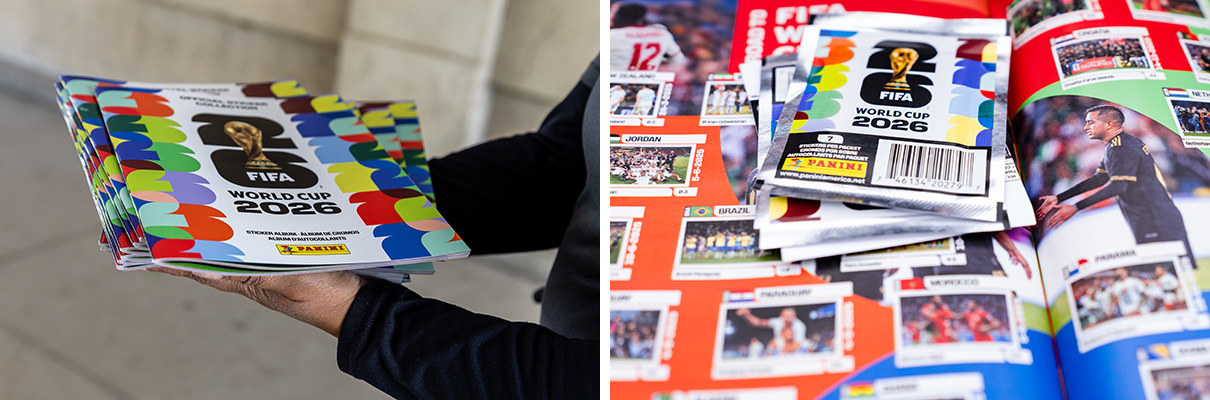 Diptych featuring a close-up of hands holding a stack of World Cup 2026 Panini sticker books and an extreme close-up of the interior pages filled with stickers. 