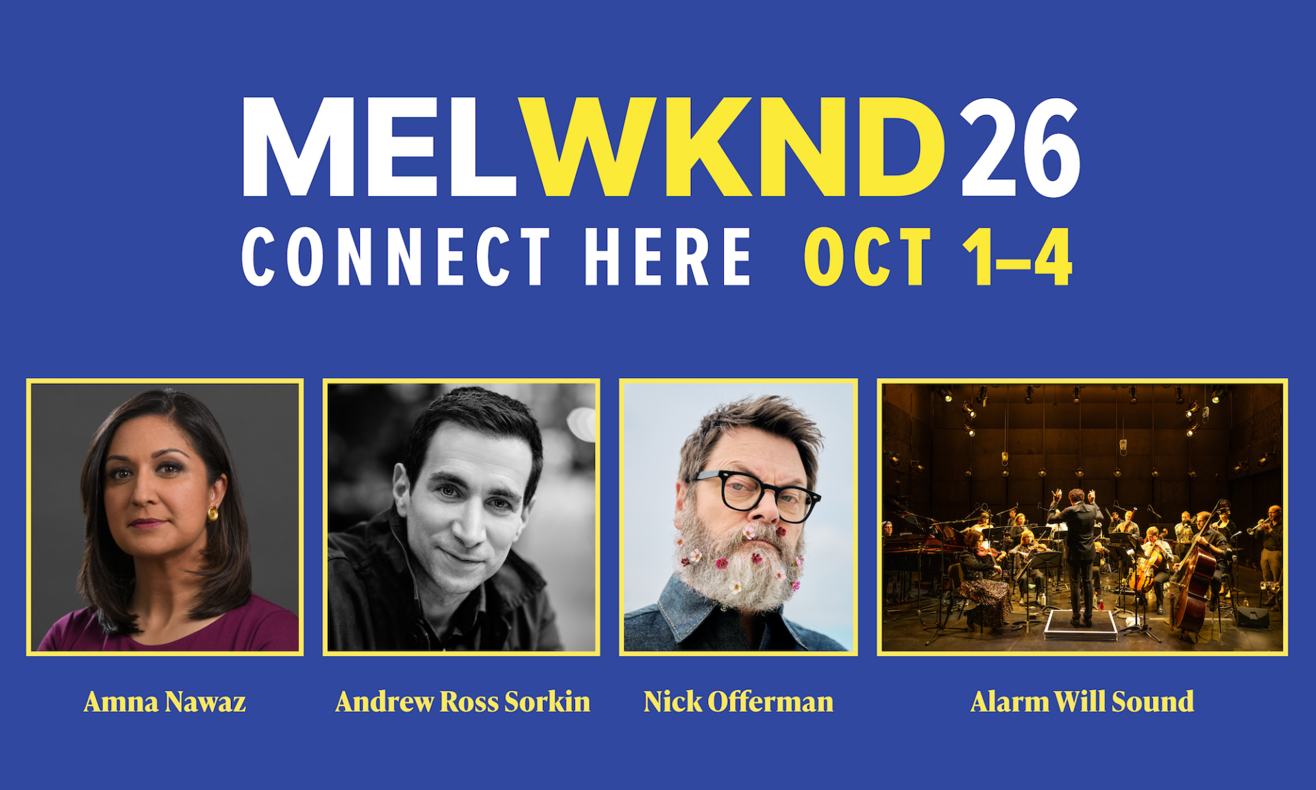 Meliora Weekend 2026 with headshots of four headlining artists