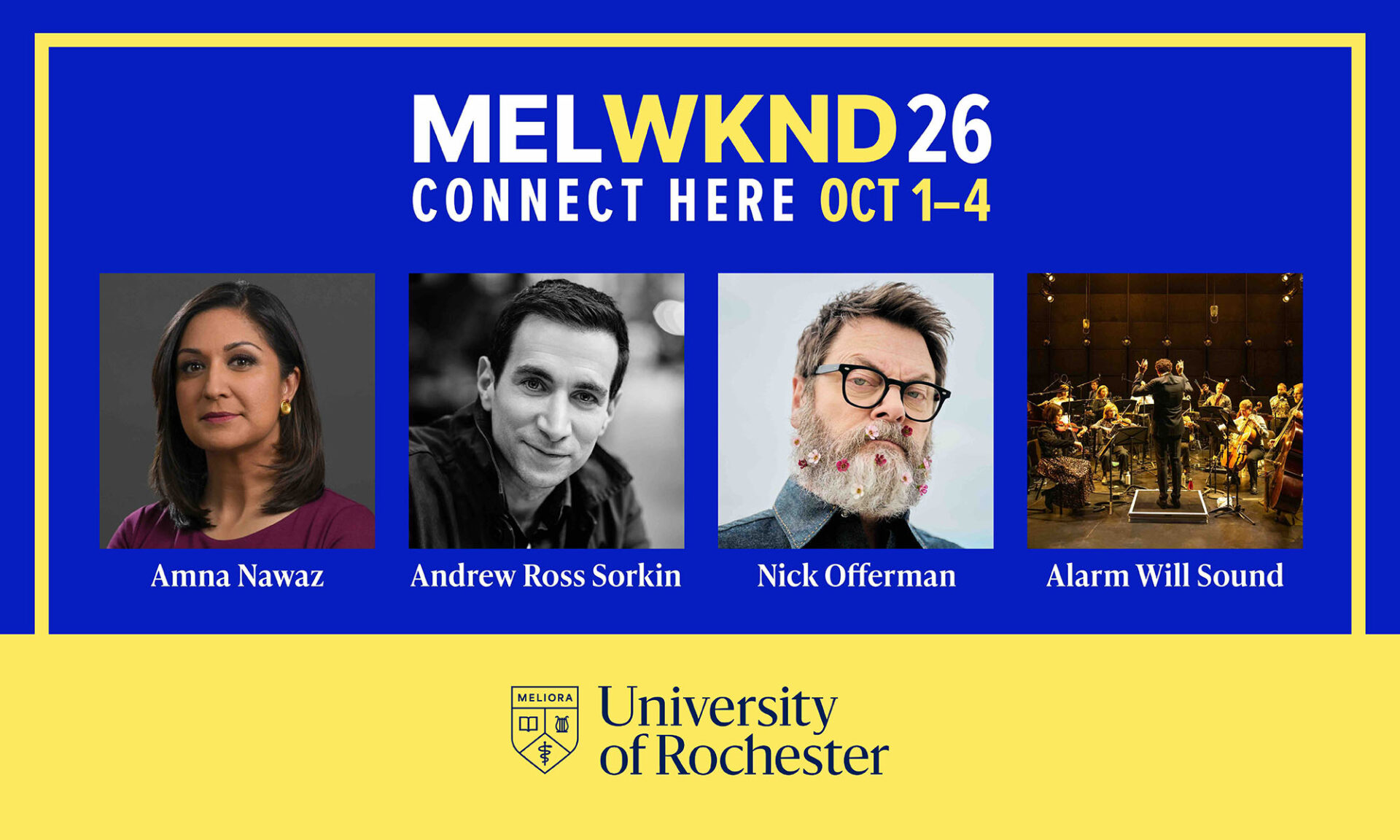 Meliora Weekend 2026 graphic with headshots of the four headlining artists.