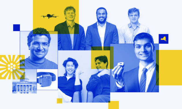 A photo collage illustration of the seven URochester student entrepreneurs who competed in the New York Business Plan Competition.