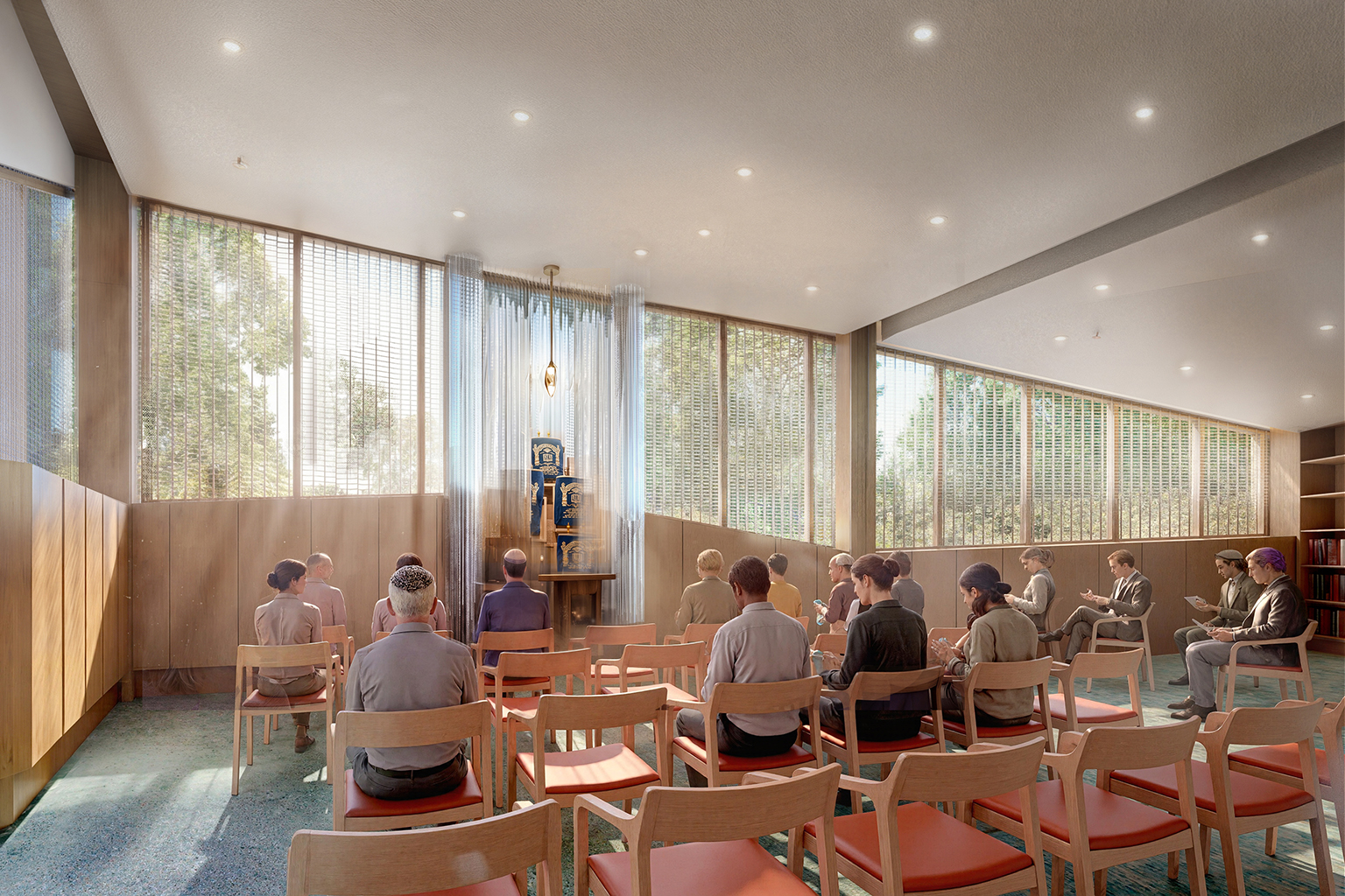 rendering of people seated in a room.