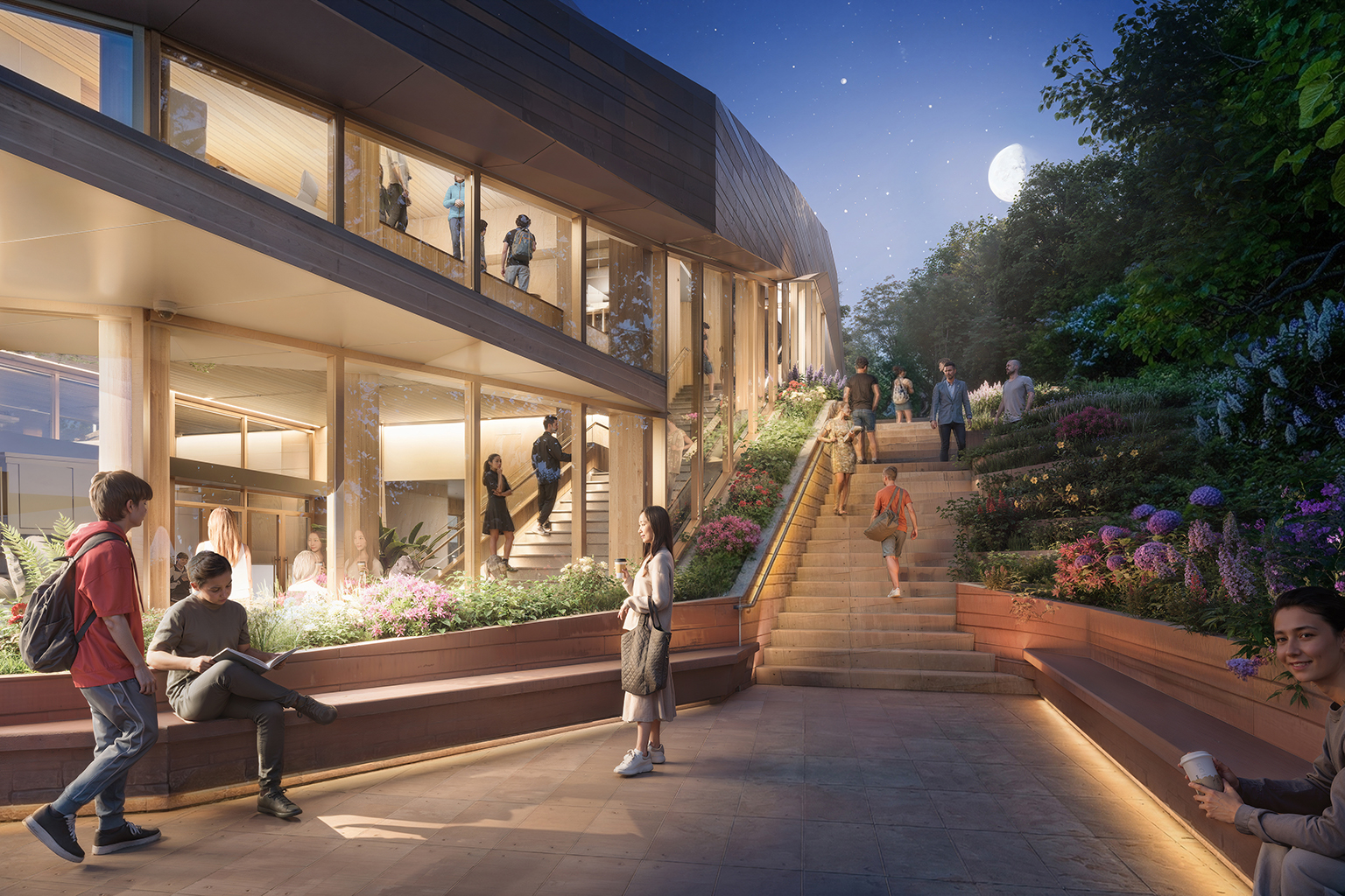 outdoor rendering of people using space outside of student life building.