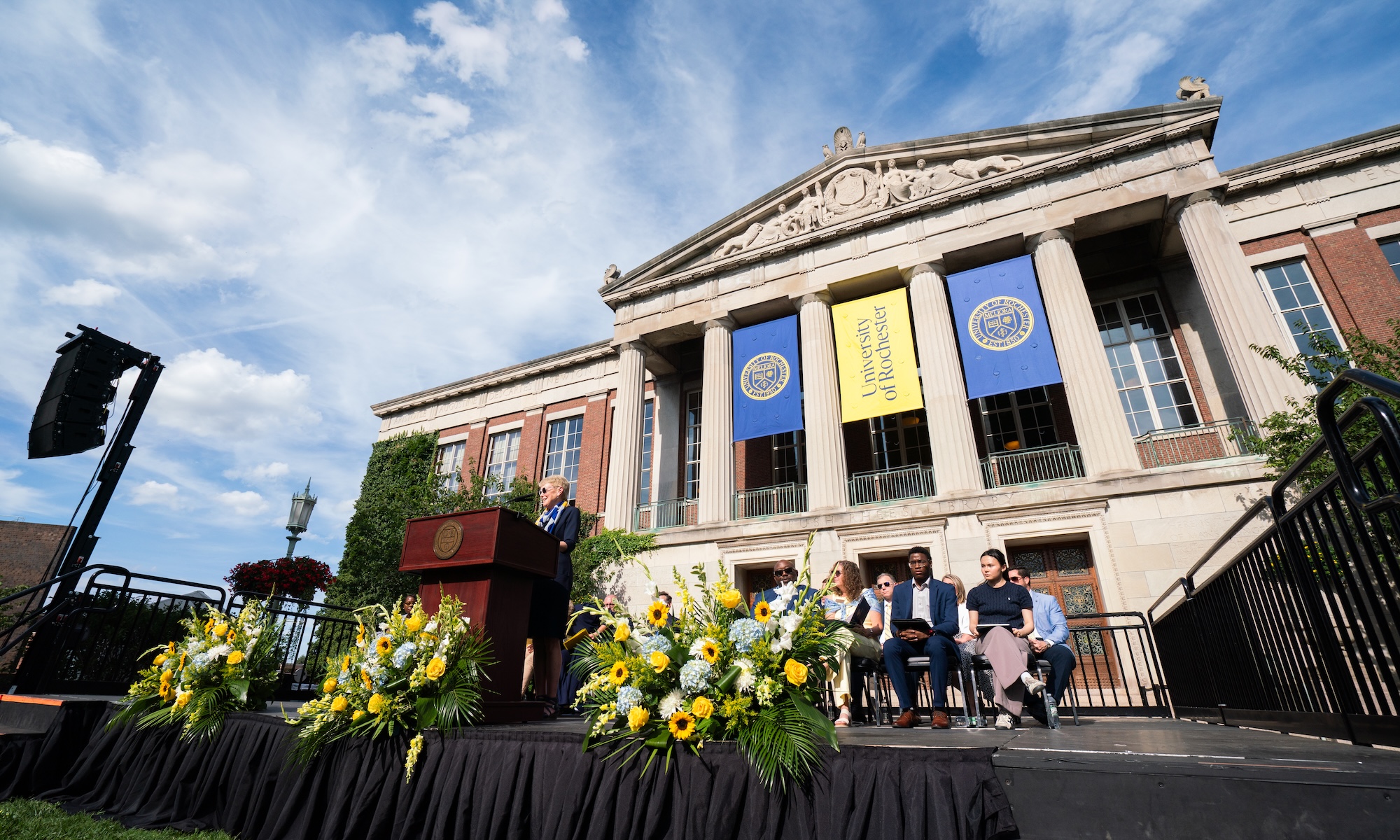 University President Sarah Mangelsdorf delivers remarks during the convocation ceremony .