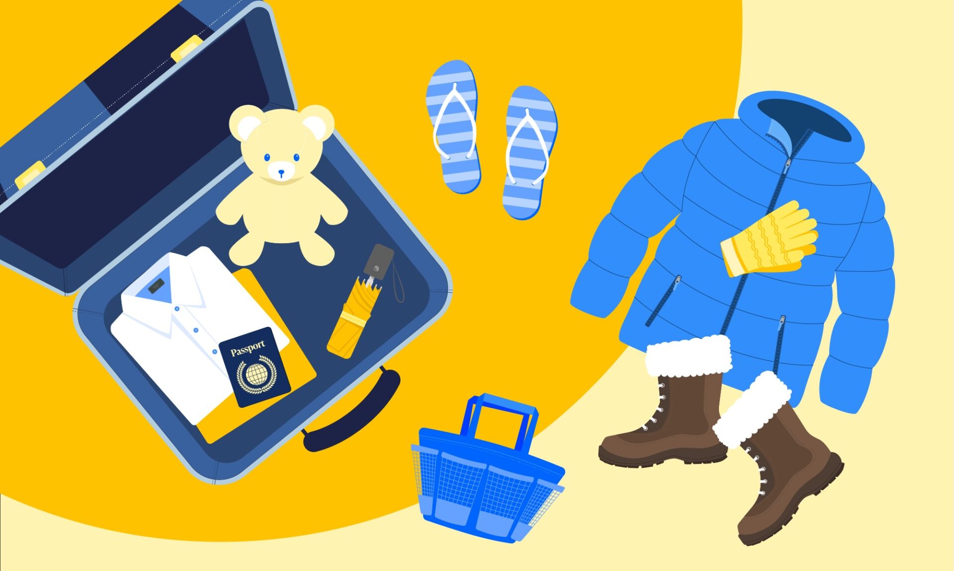 Illustration of common college packing list items shows an open suitcase with a shirt, Teddy bear, passport, and umbrella inside of it while nearby is a shower caddy, flip flops, and winter weather gear to illustrate what to bring to the dorm.