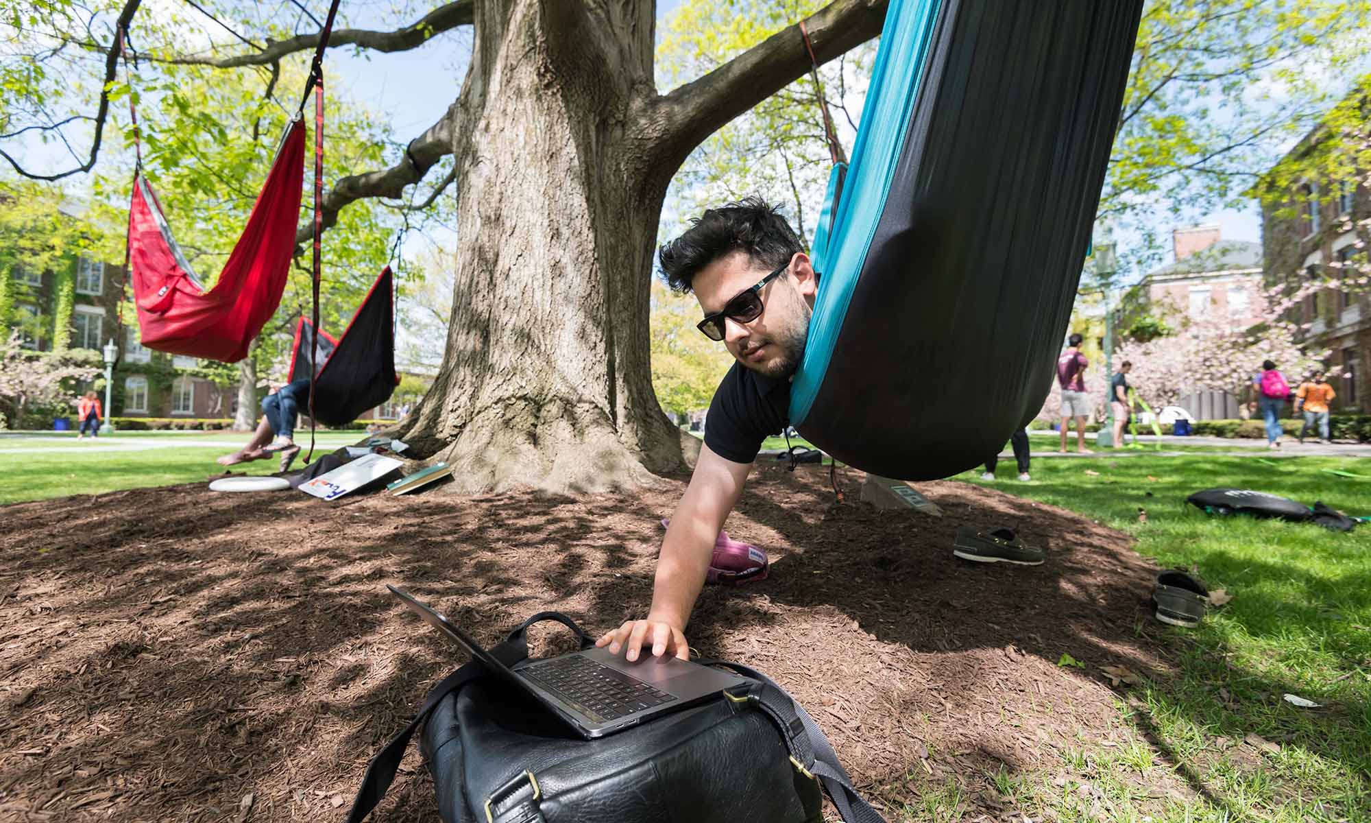 Seyed Ali Biashad operates his laptop from a hammock on Eastman Quad.