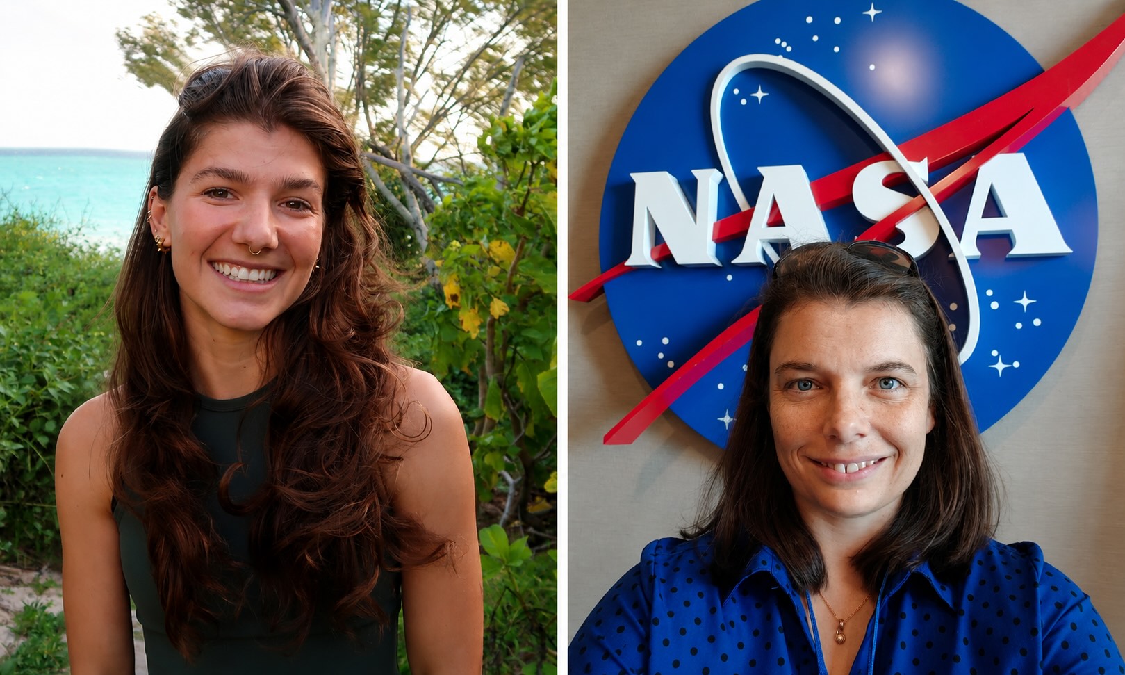 Diptych featuring Marcelina Martynek outdoors near water and Mary Skow with the NASA meatball logo behind her.
