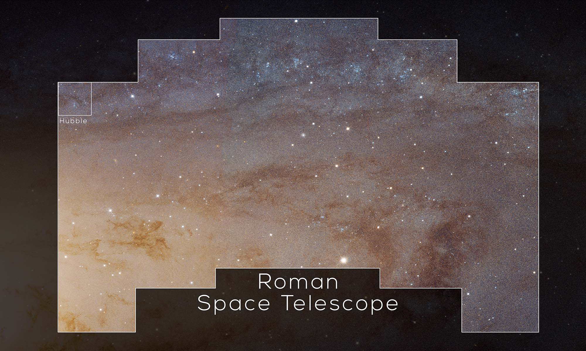Comparison of Hubble and Roman telescope views of the Andromeda Galaxy, showing the Nancy Grace Roman Telescope's much larger field of view.