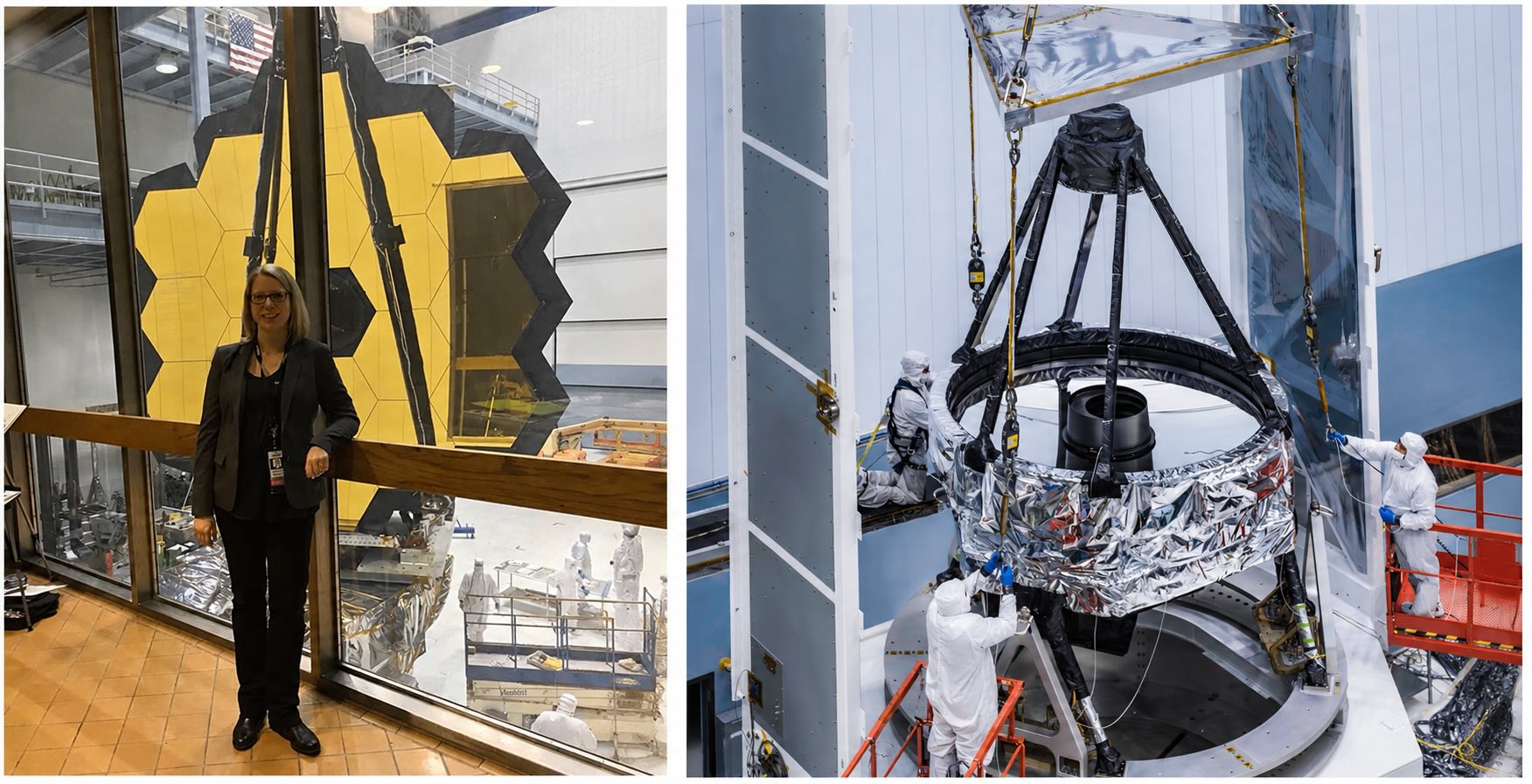 Rebecca Borrelli stands in front of the James Webb Space Telescope at left; at right, technicians work on the Nancy Grace Roman Space Telescope's Imaging Optics Assembly in a clean room.