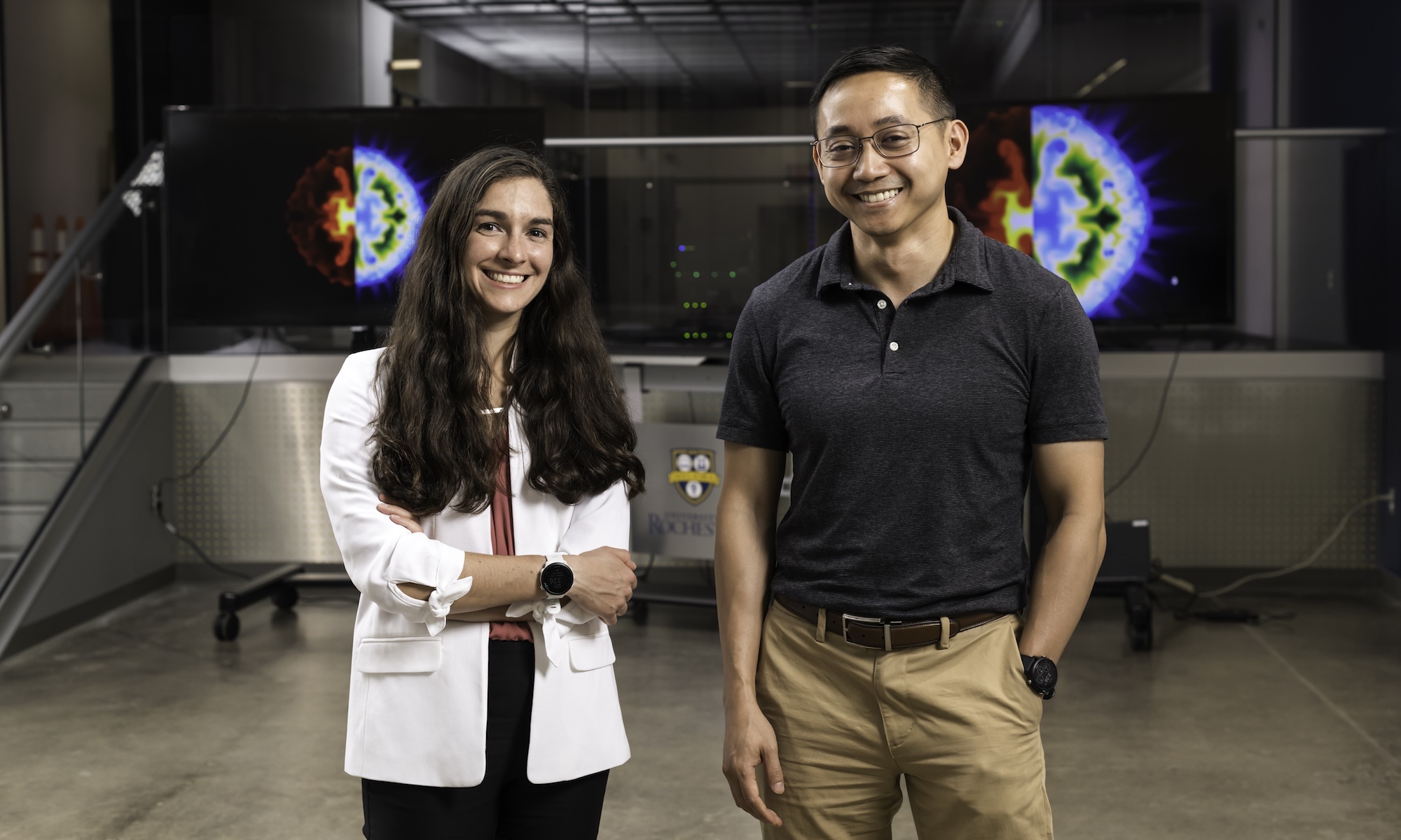 Katarina Nichols (L), a Ph.D. student in the High-Energy-Density Physics Theory Group and Duc Cao, a scientist with the Integrated Modeling Group Researchers at UR's Laboratory for Laser Energetics.