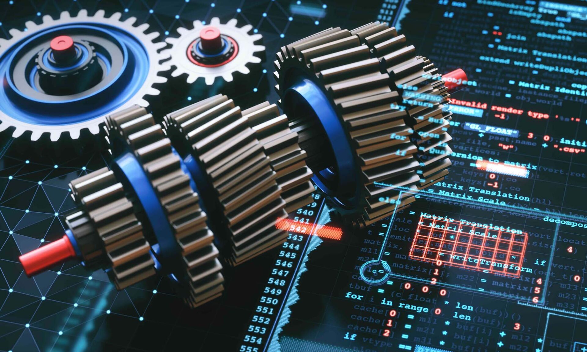 Illustration of engineering gears atop a screen displaying code, data, and algorithms.