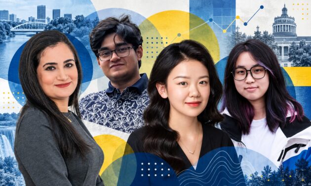 Photo illustration featuring URochester students Maryame Kouram, Naman Bhagat, Sherry Wang, and Zihan "Frannie" Zheng against a background featuring the city of Rochester skyline, Rush Rhees Library, and yellow and blue circles.