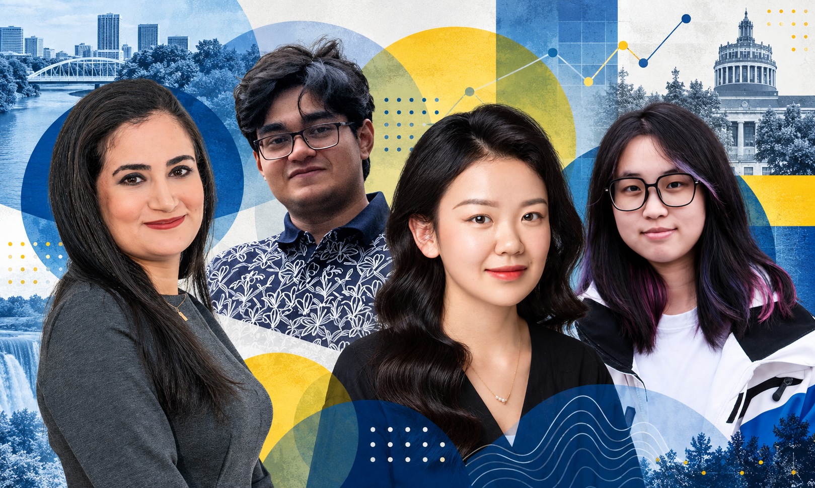 Photo illustration featuring URochester students Maryame Kouram, Naman Bhagat, Sherry Wang, and Zihan "Frannie" Zheng against a background featuring the city of Rochester skyline, Rush Rhees Library, and yellow and blue circles.