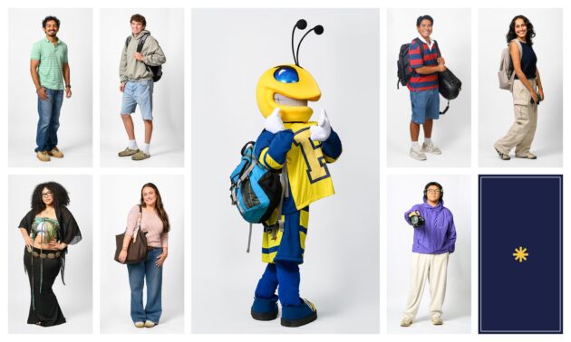 Collage of URochester students in their first-day-of-classes outfits, with mascot Rocky in the middle.