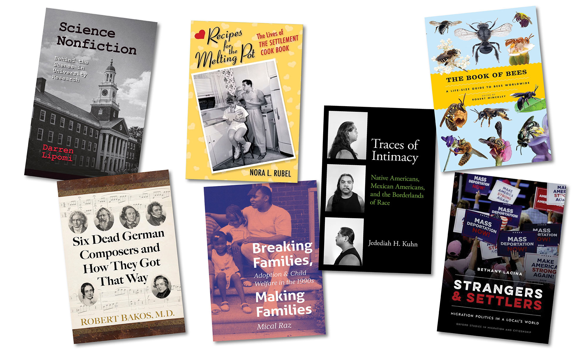 Seven University of Rochester faculty book covers arranged in a collage, featuring works on science, music, bees, immigration, adoption, and race.