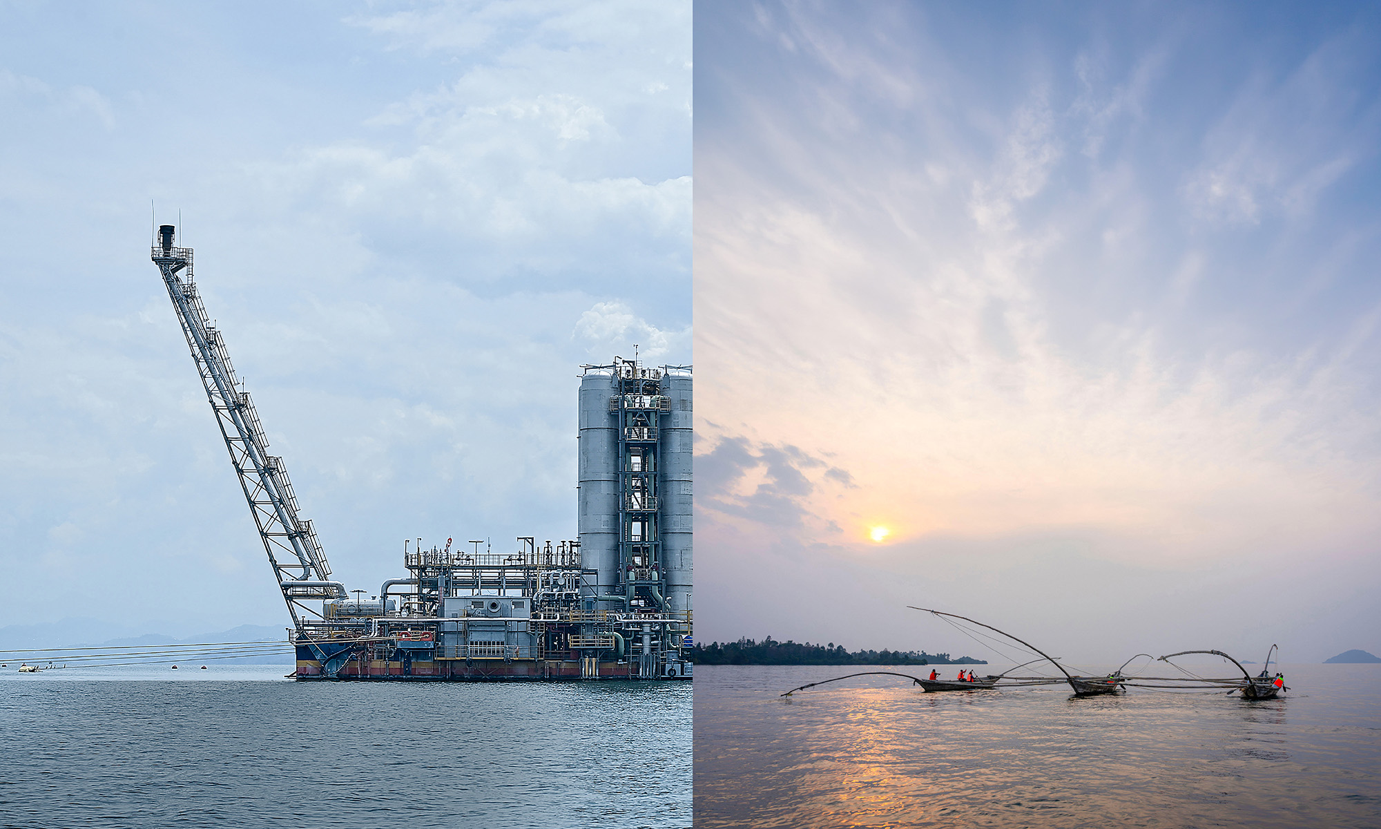 A split image contrasts the KivuWatt methane extraction barge on Rwanda’s Lake Kivu with fishermen working from wooden boats at sunset.
