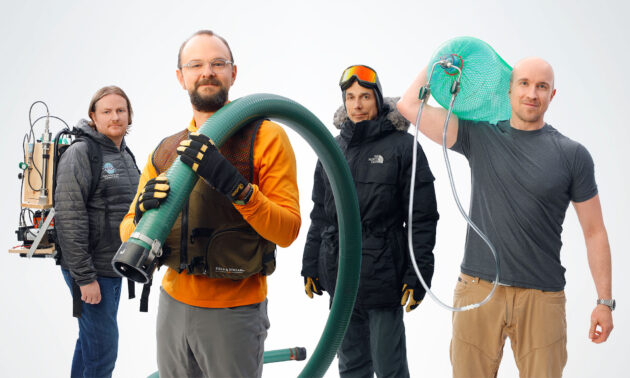 University of Rochester scientists Lee Murray, John Kessler, Vasilii Petrenko, and Thomas Weber pose with equipment used to study methane in the environment.