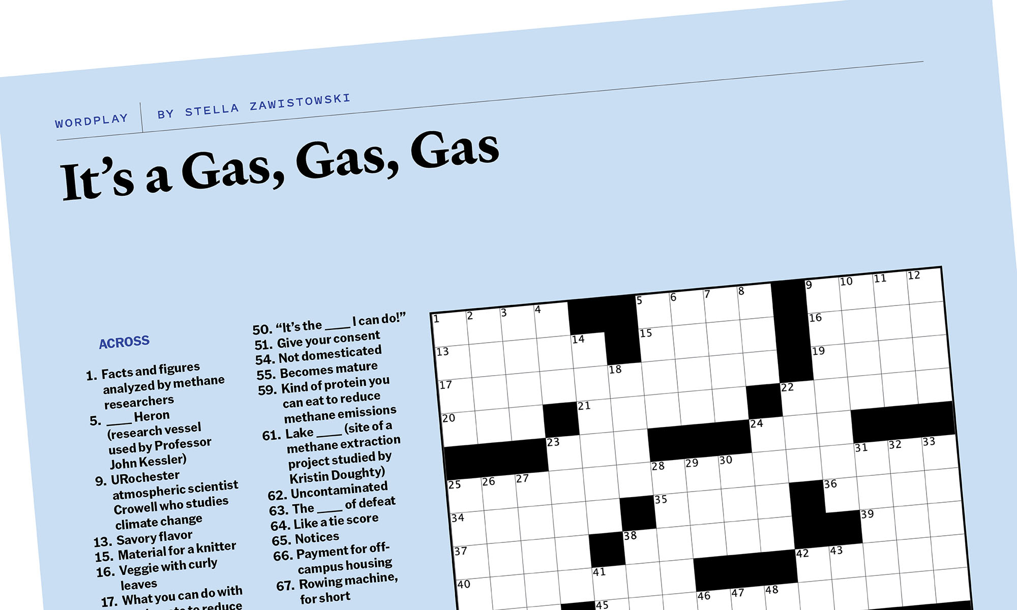 An empty crossword puzzle grid with numbered squares and across clues from “It’s a Gas, Gas, Gas,” a methane-themed puzzle by Stella Zawistowski.