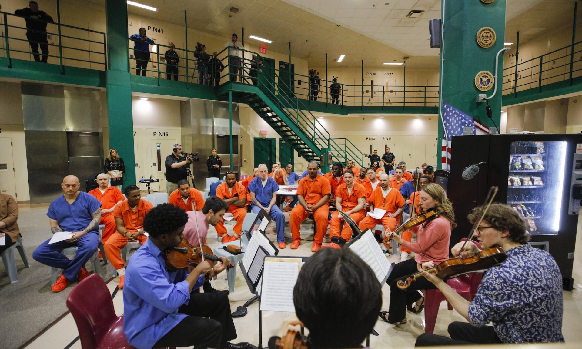 Eastman School of Music student string quartet and percussionist perform for Monroe County Jail residents and staff.