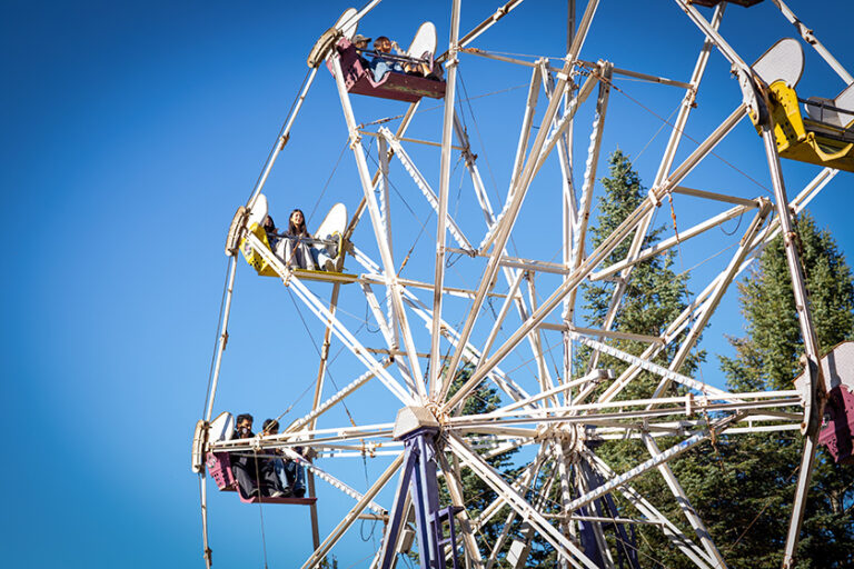 The Ferris wheel in Meliora Village against a bright blue sky.