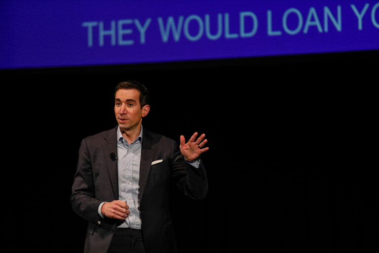 Andrew Ross Sorkin presenting on stage during Meliora Weekend 2026.