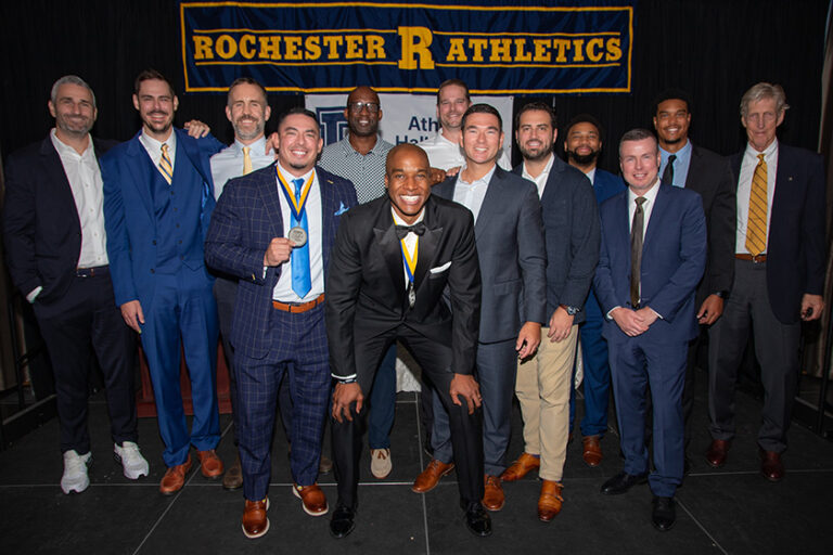 University of Rochester Athletics alumni convene for a group photo.