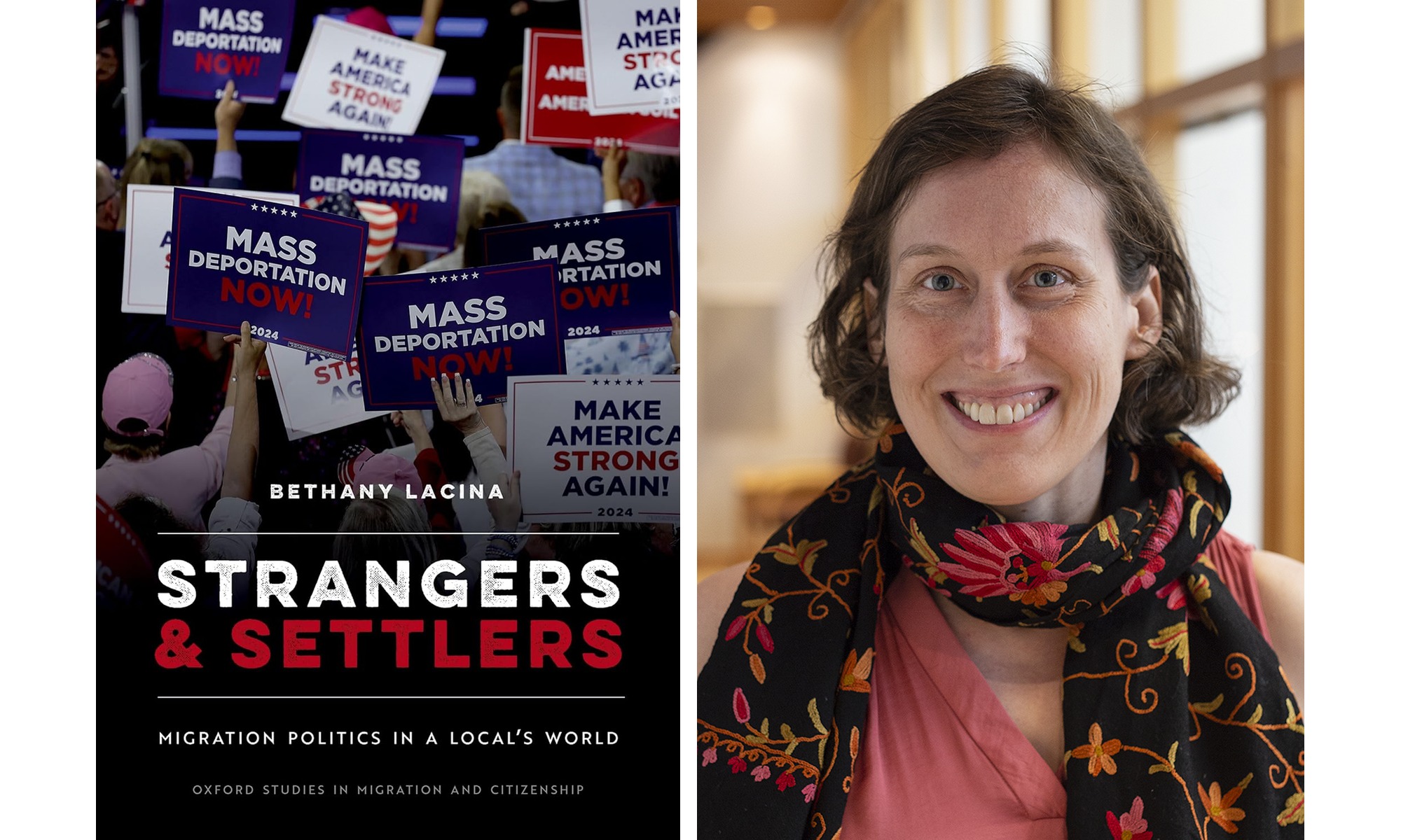A diptych of the book cover of Strangers and Settlers and a headshot of Bethany Lacina.