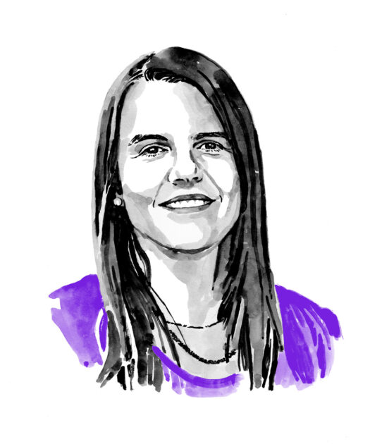 Ink and watercolor illustrated portrait of Erika Ramsdale, smiling, with straight dark hair.