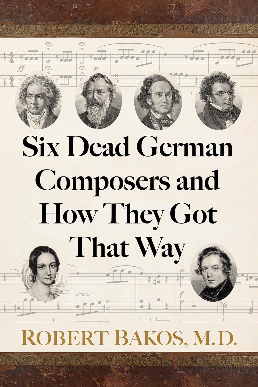 Cream-colored book cover featuring portraits of six German composers and excerpts from musical scores.