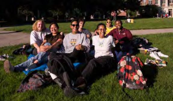 A group of students on the University of Rochester quad