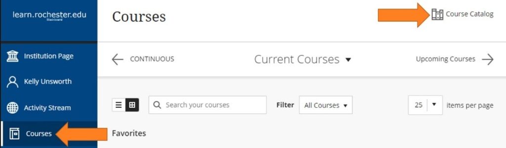 Screenshot of the Blackboard online platform, with arros next to "Courses" and "Course Catalog"