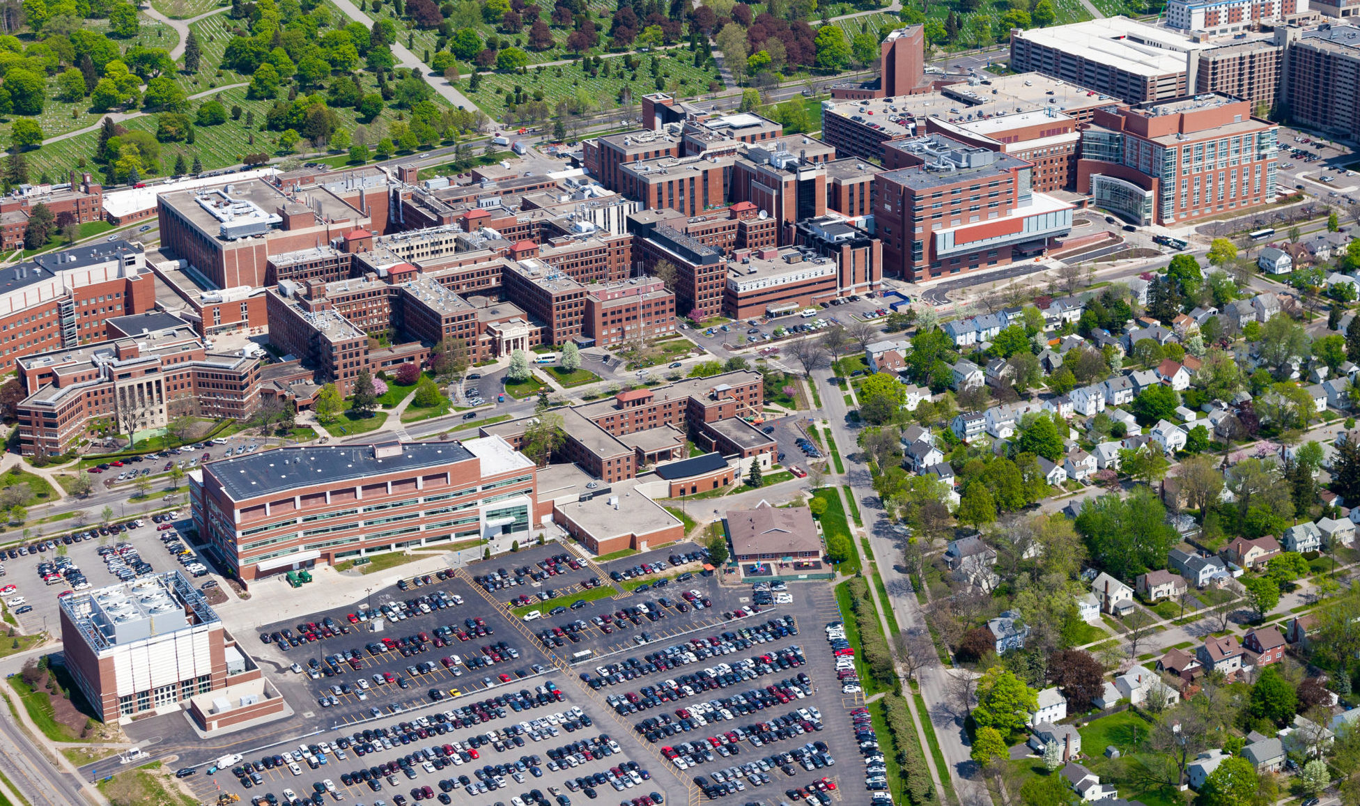 Aerial view of University of Rochester River Campus, Medical Center, College Town, Laboratory for Laser Energetics and Alumni and Advancement Center