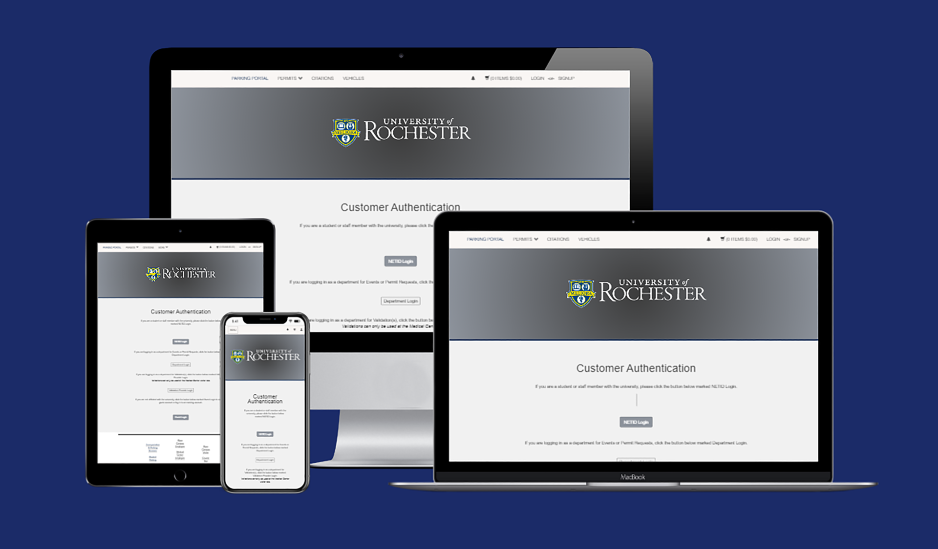 Mock ups of parking portal webpage on various devices