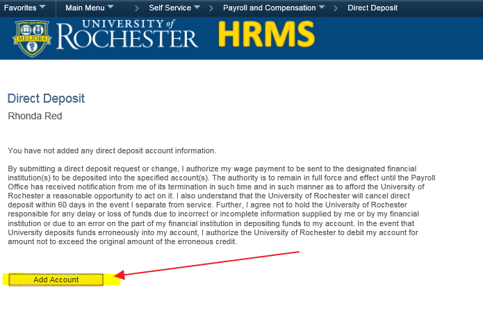 screenshot of direct deposity enrollment: Add Account