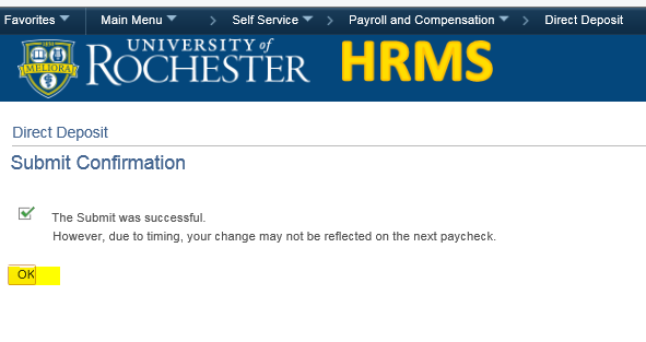screenshot of direct deposit enrollment - submit confirmation