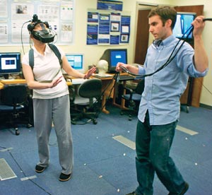 Emily Cohen ’07 and lab technician Brian Sullivan in Center for Visual Science