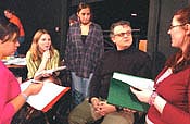 Gabriela Jones ’07, Patricia Tehan ’06, Kathryn Stilwell ’08, and Trina Schattenkirk ’07 talk with David Hancock.