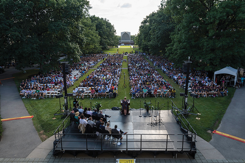 Sarah Mangelsdorf addressing first-year students and their families